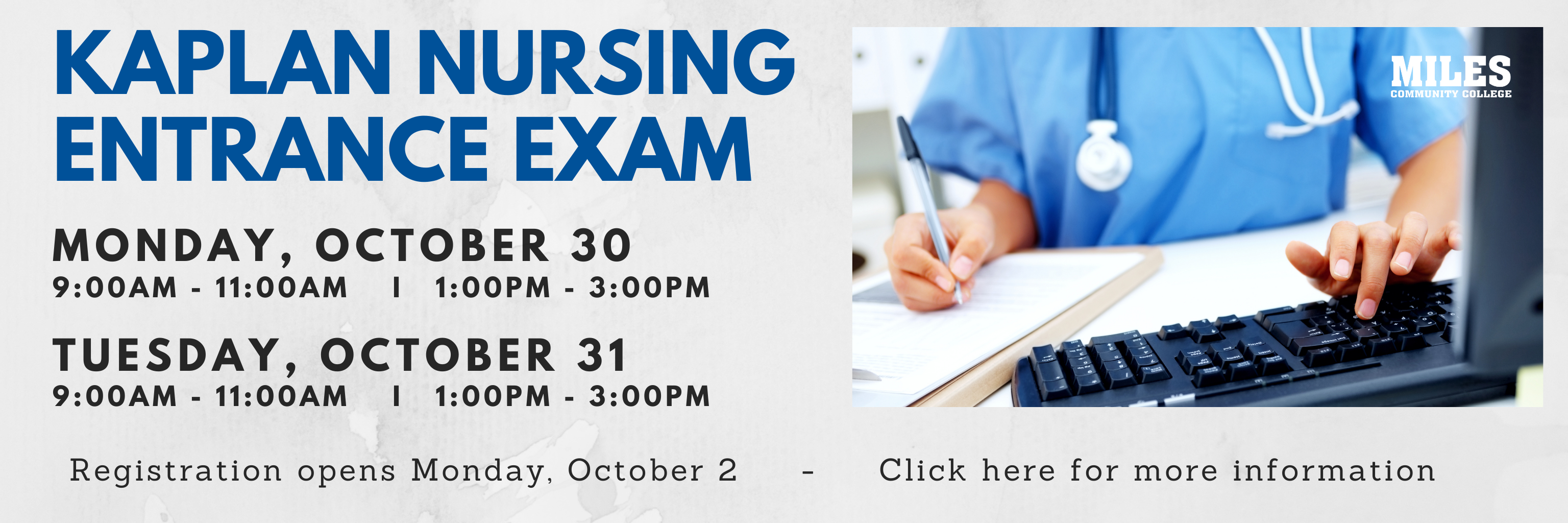 Graphic with text 'Kaplan Nursing Entrance Exam' with image of nurse at computer