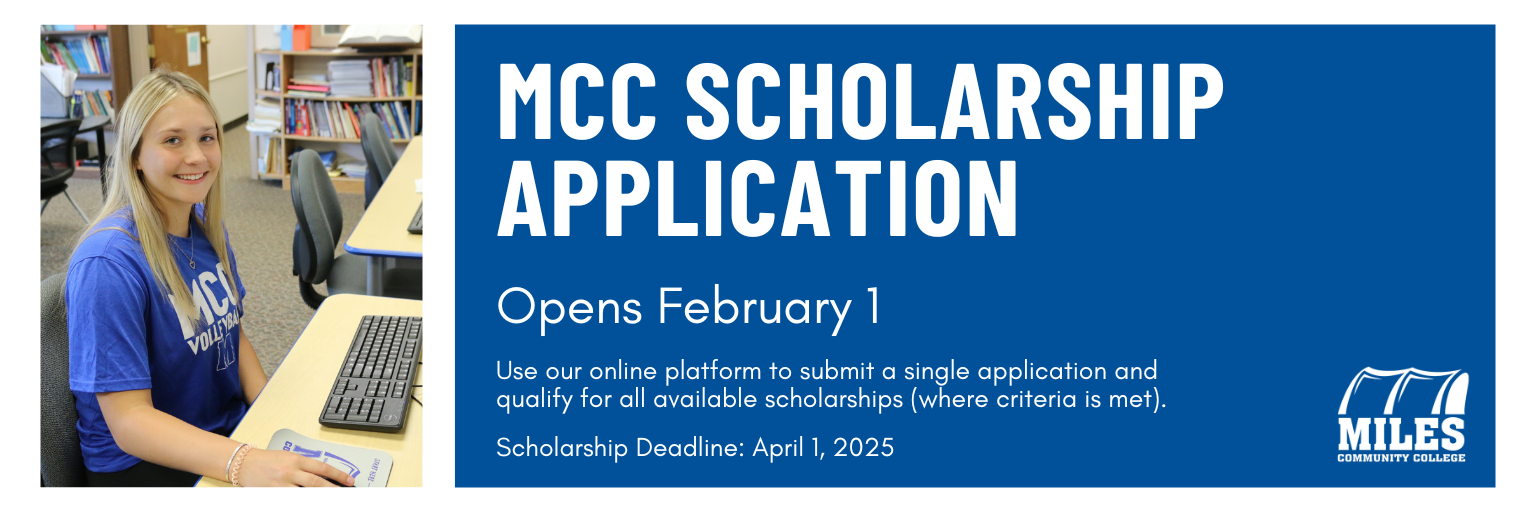 Graphic of college student at computer with text MCC Scholarship Application