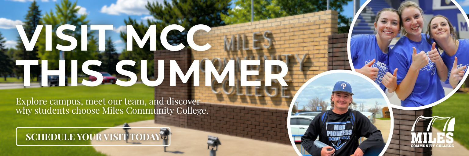 Graphic of Visit MCC this summer and image of campus lawn